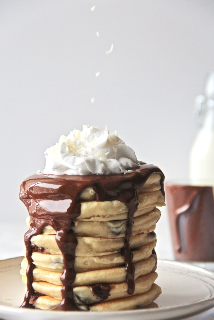 stack of coconut chocolate chip pancakes