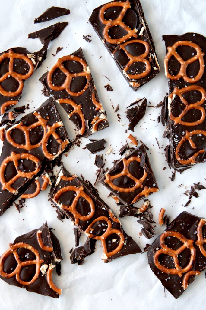 pieces of sea salt chocolate pretzel bark