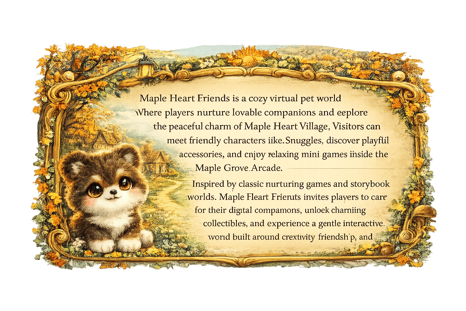 Maple Heart Friends virtual pet game featuring baby brindle companion Snuggles in Maple Heart Village cozy storybook world