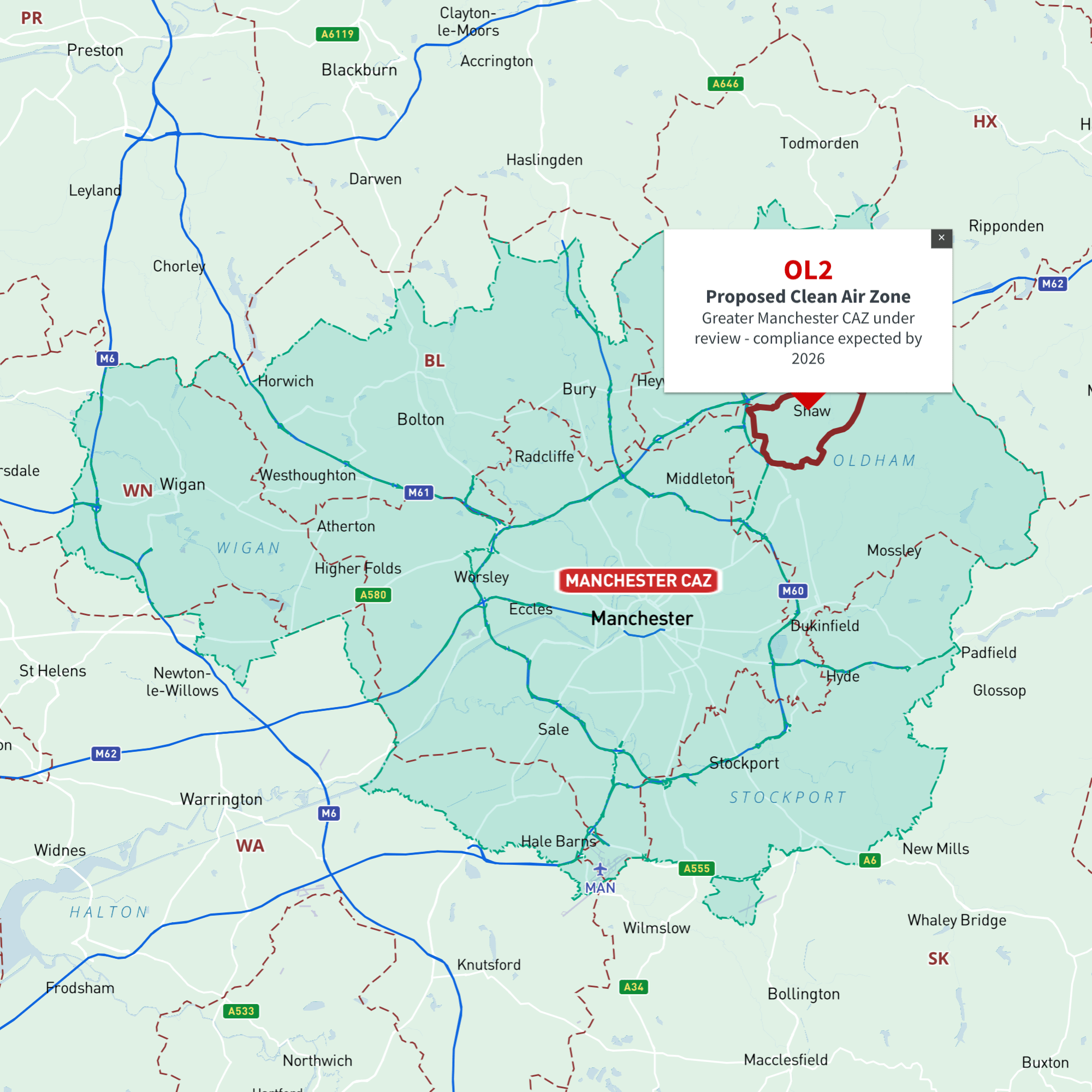 Manchester Uk Postal Code Greater Manchester Clean Air Zone Postcodes Interactive Map Preview 