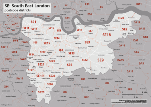 London Postcode Maps Maproom SE Postcode Districts Map Preview 500x353 