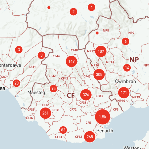Example Of A Map Created With The Bulk Postcodes Plotter Maproom Postcode Clusters On Postcodes Base Map 600x600 