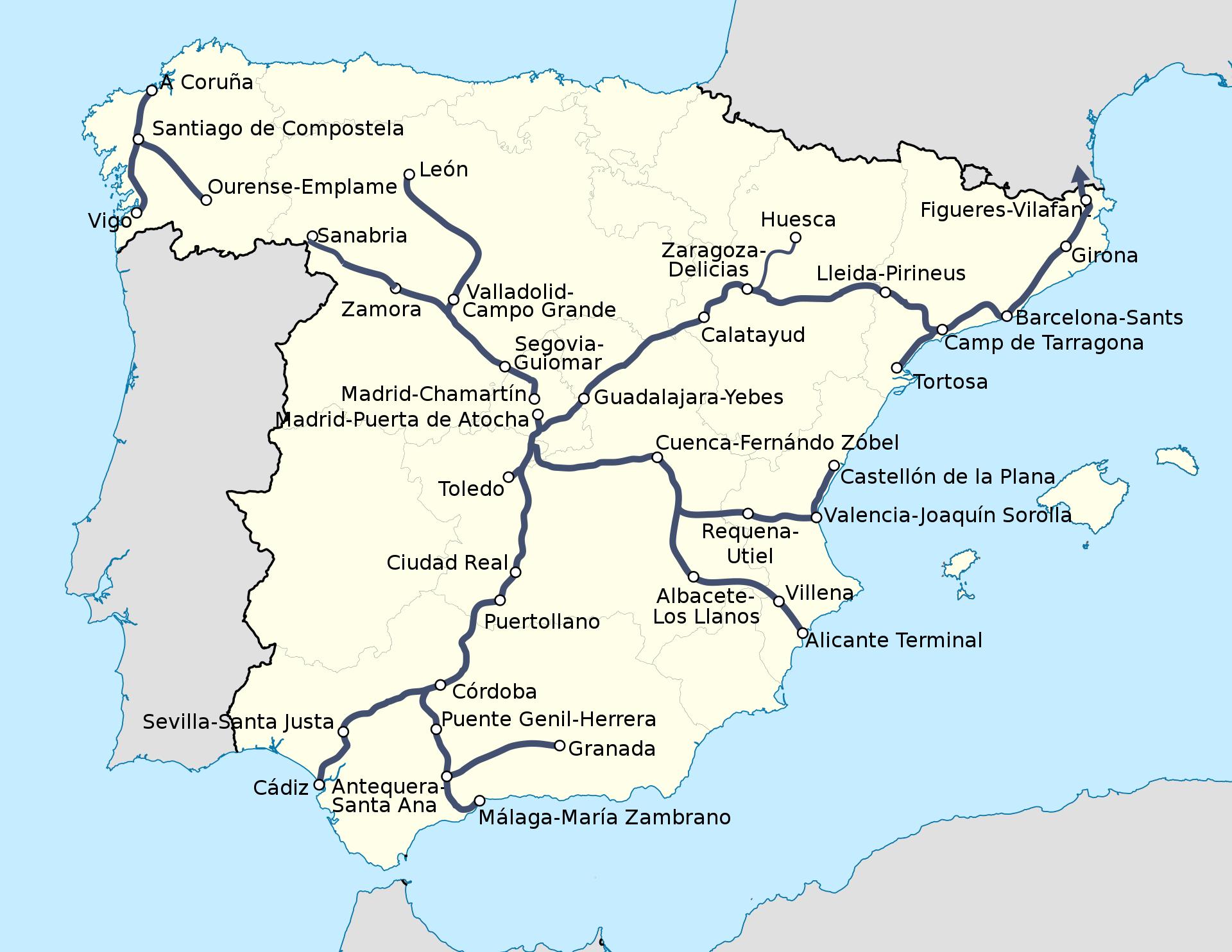 Take advantage of the fast spanish trains and for 35,80 € you arrive in just 5 hours 56 minutes in malaga. Spain Ave Train Map Ave Trains Spain Route Map Southern Europe Europe