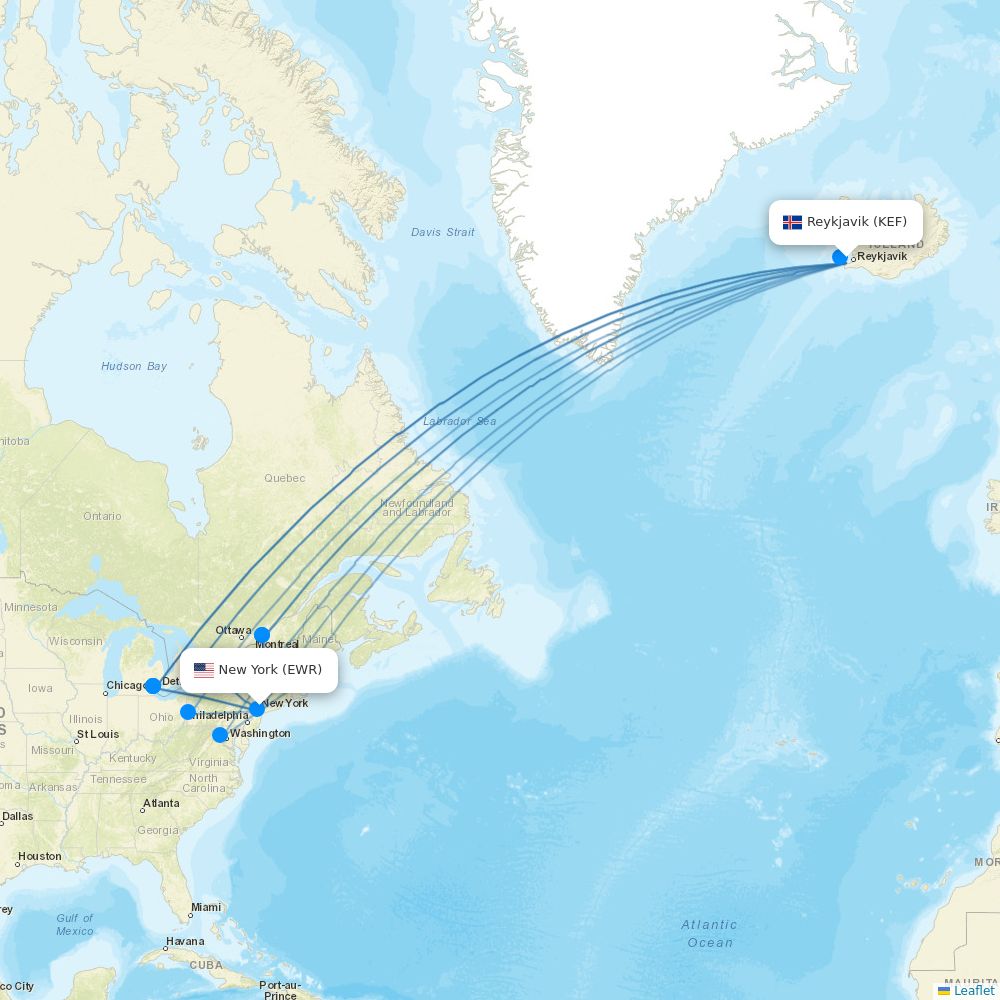 Icelandair Airline Routes FI 2026 Map Flight KEF EWR.