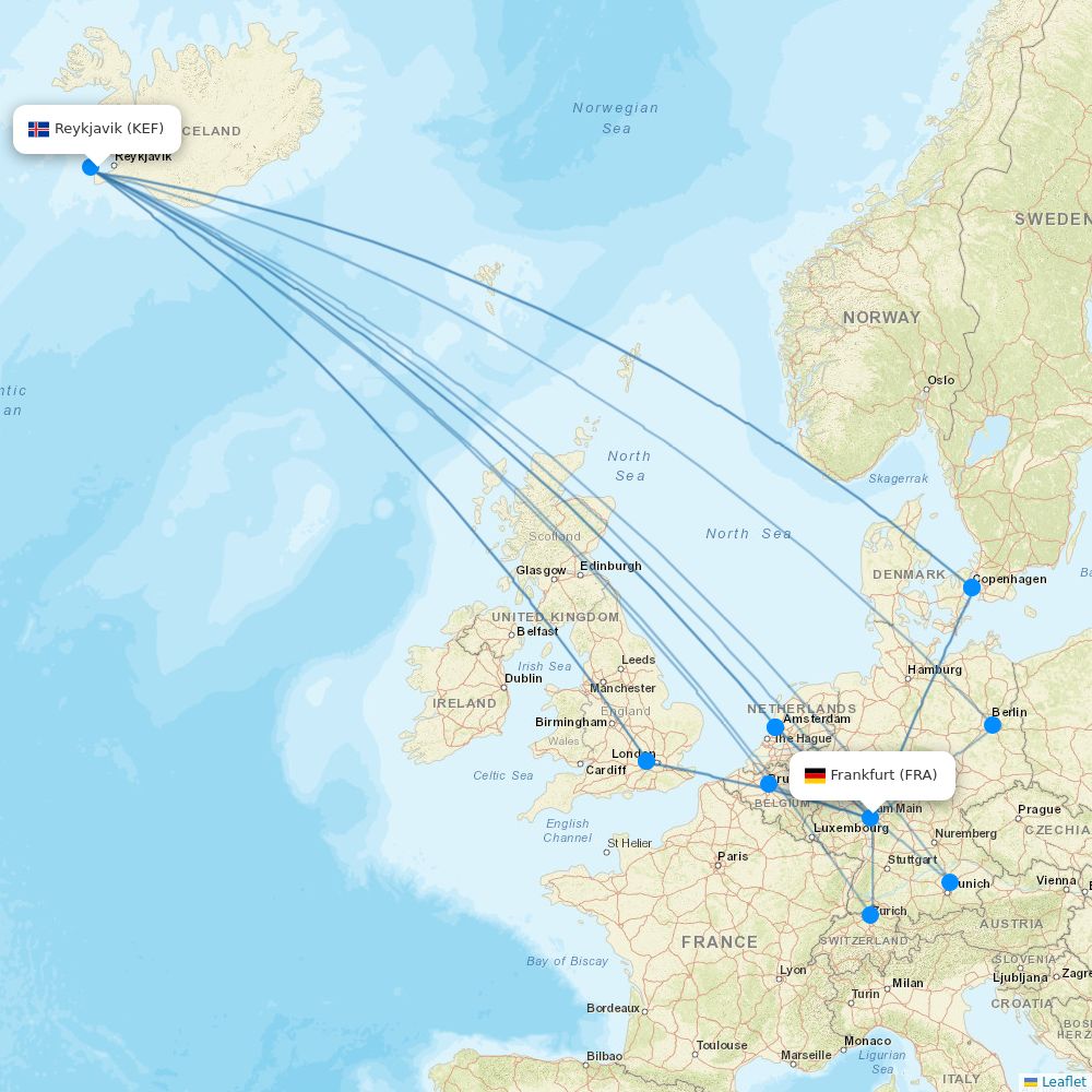 Icelandair Airline Routes FI 2026 Map Flight KEF FRA.