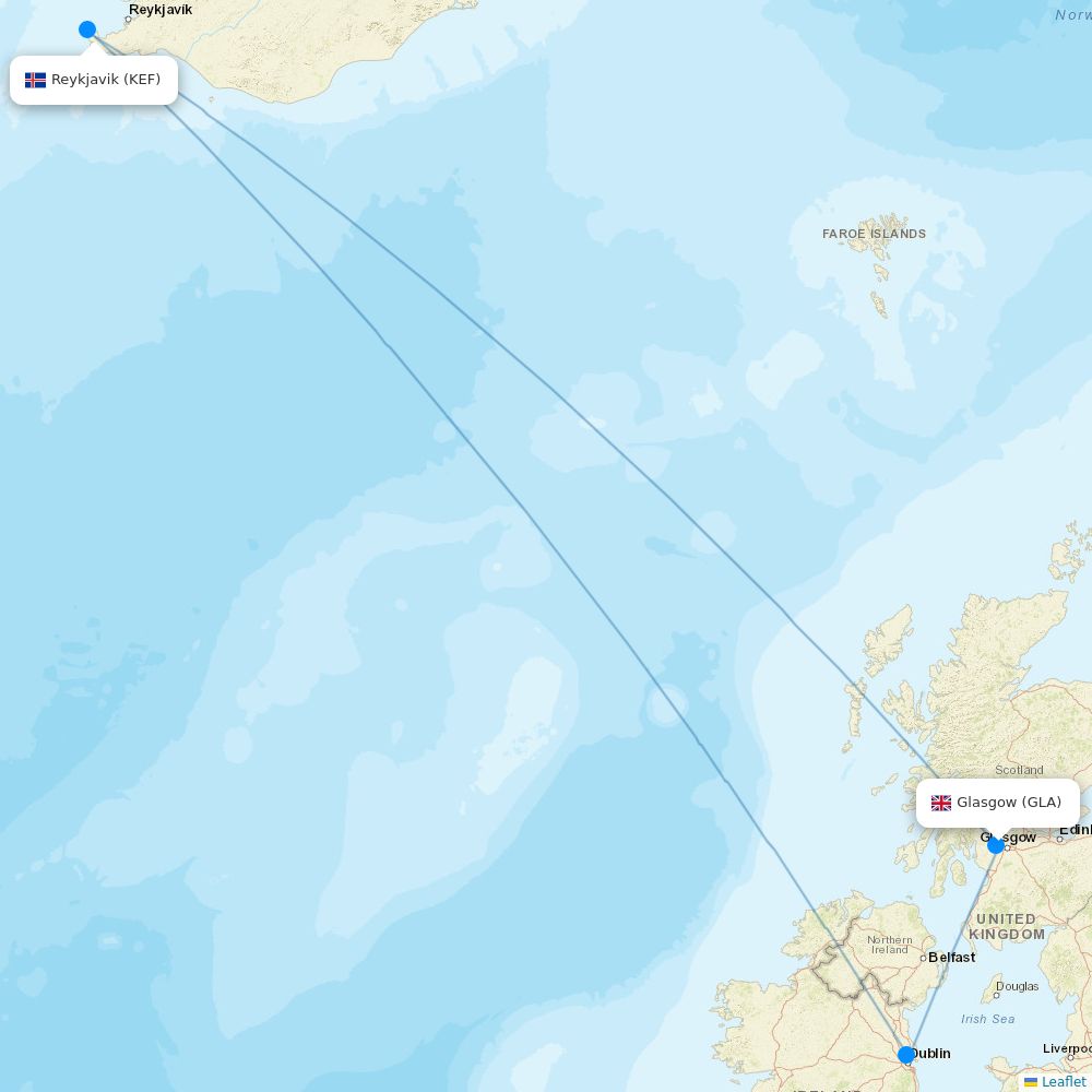 Icelandair Airline Routes FI 2026 Map Flight KEF GLA.