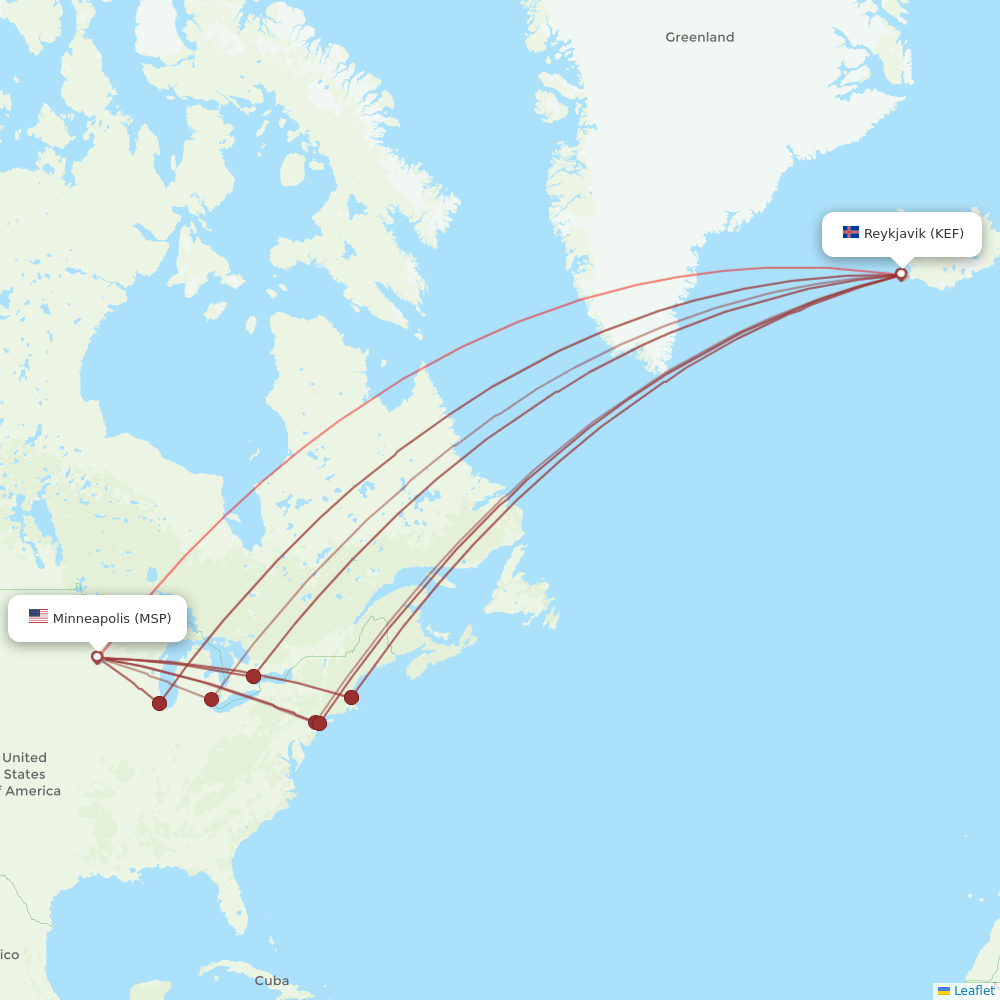 Icelandair Airline Routes FI 2026 Map Flight KEF MSP.