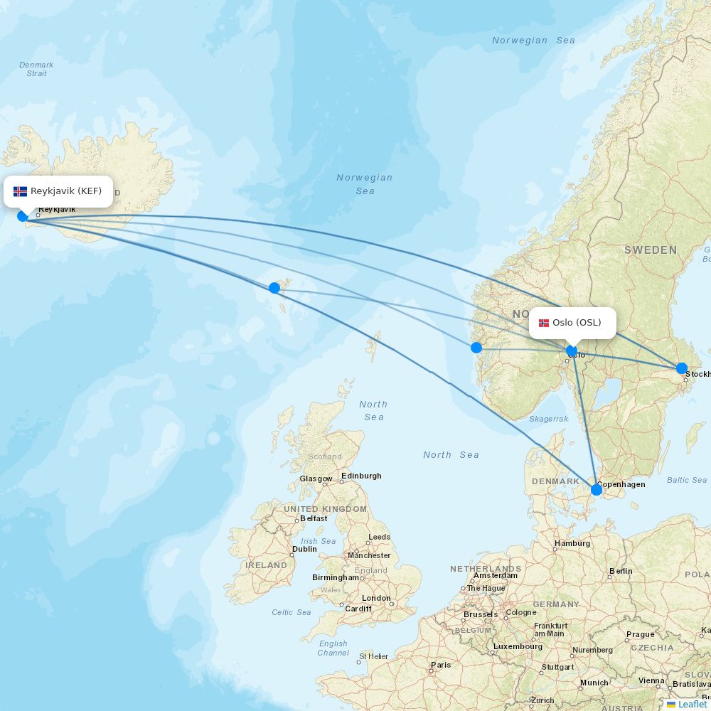 Icelandair Airline Routes FI 2026 Map Flight KEF OSL.