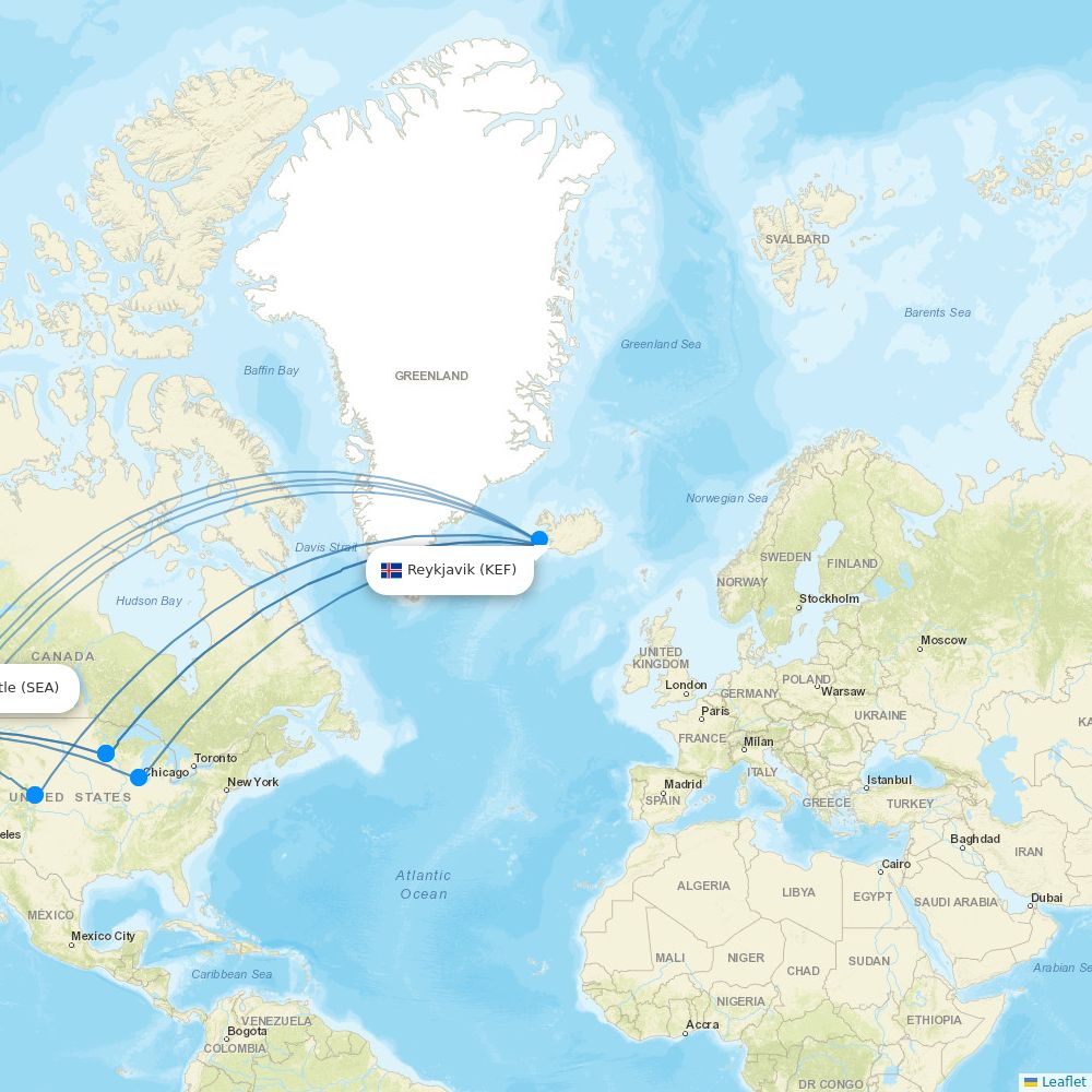 Icelandair Airline Routes FI 2026 Map Flight KEF SEA.