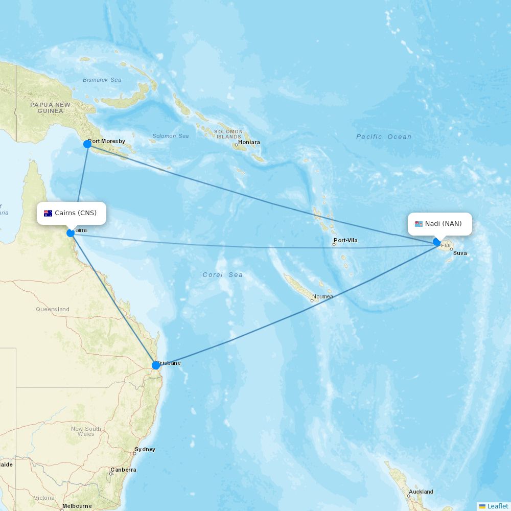 Fiji Airways Airline Routes FJ 2026 Map Flight Routes NAN CNS 
