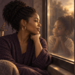 An adult Black woman looks toward the reflection of her younger self in a softly lit window.
