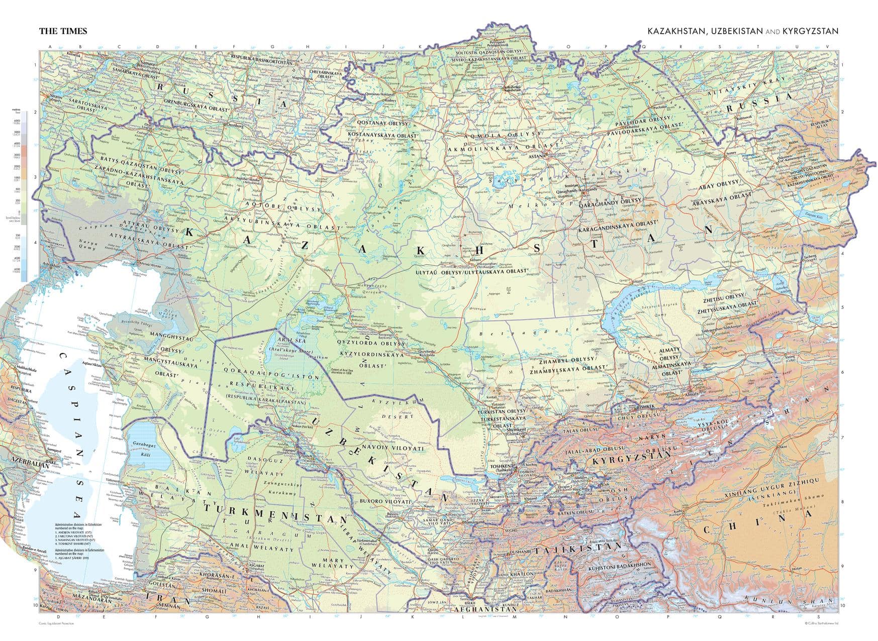 Kazakhstan Uzbekistan And Kyrgyzstan Wall Map The Times CLWF200044 Large.