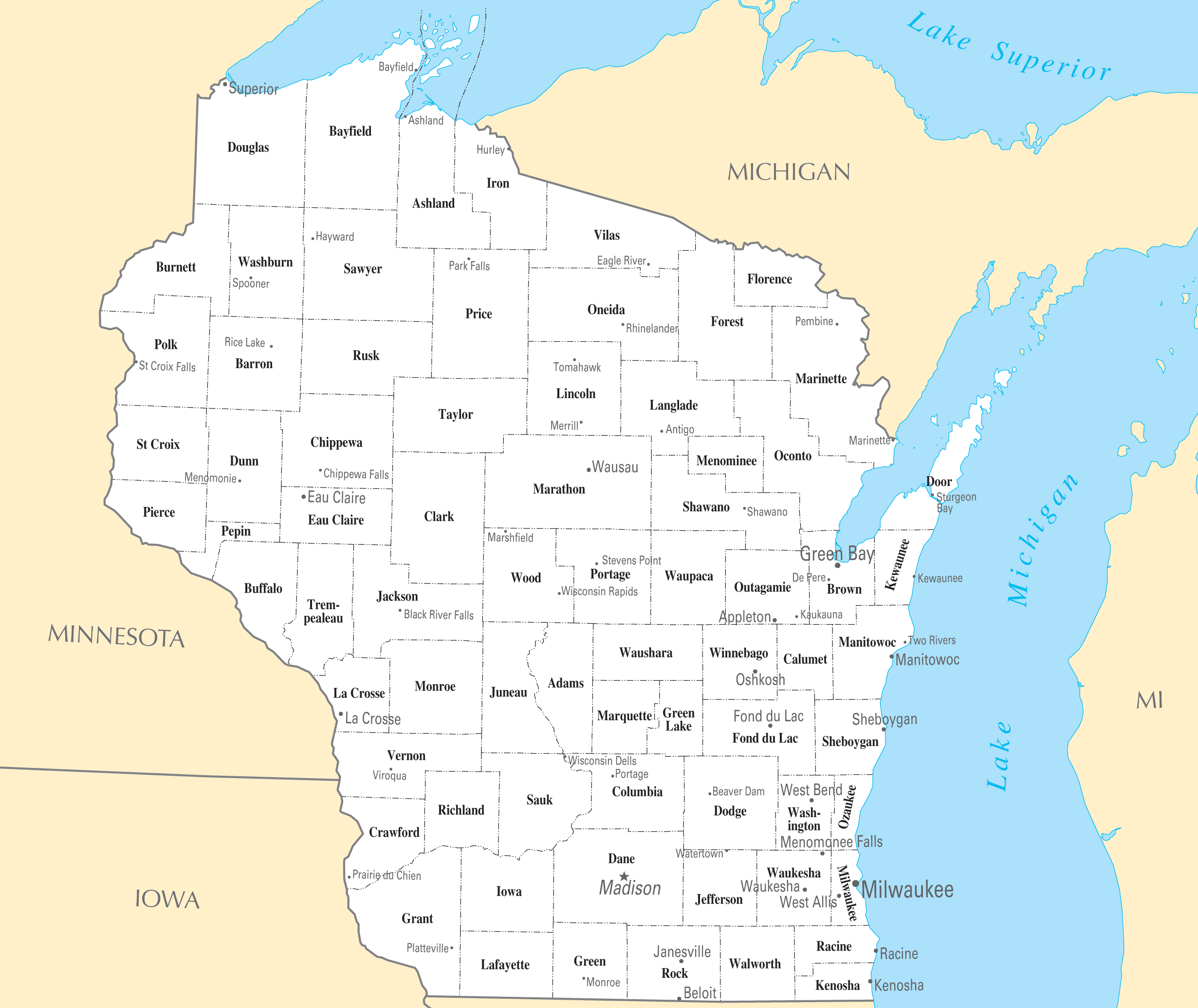 Printable Map Of Wisconsin Counties Wisconsin Cities And Towns 