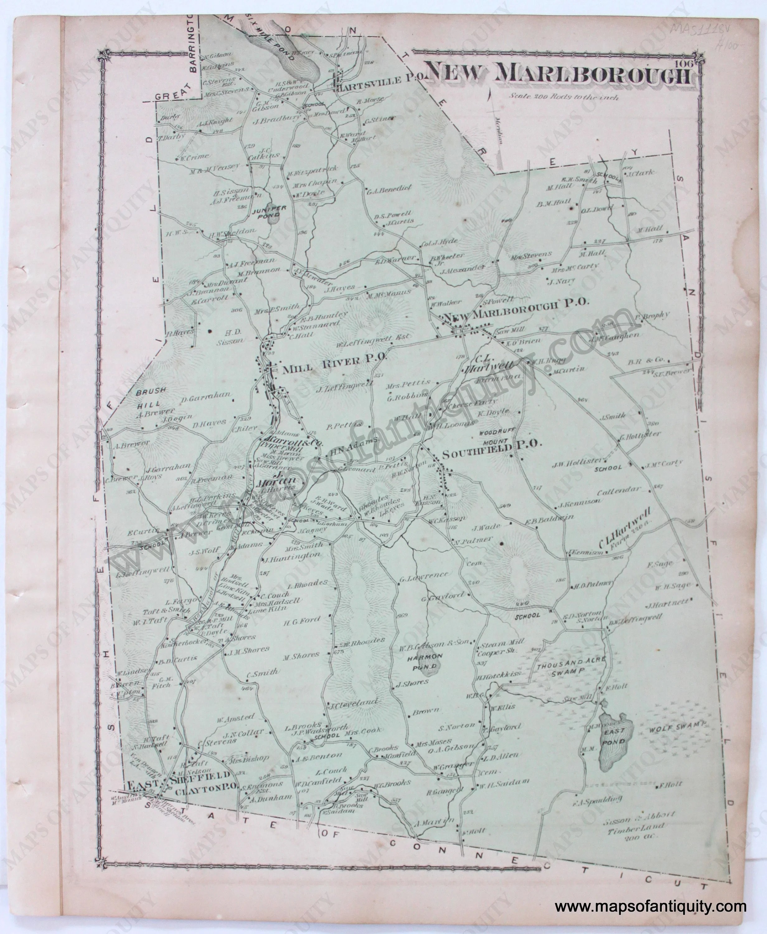 1876 New Marlborough P 106 MA Antique Map Maps Of Antiquity