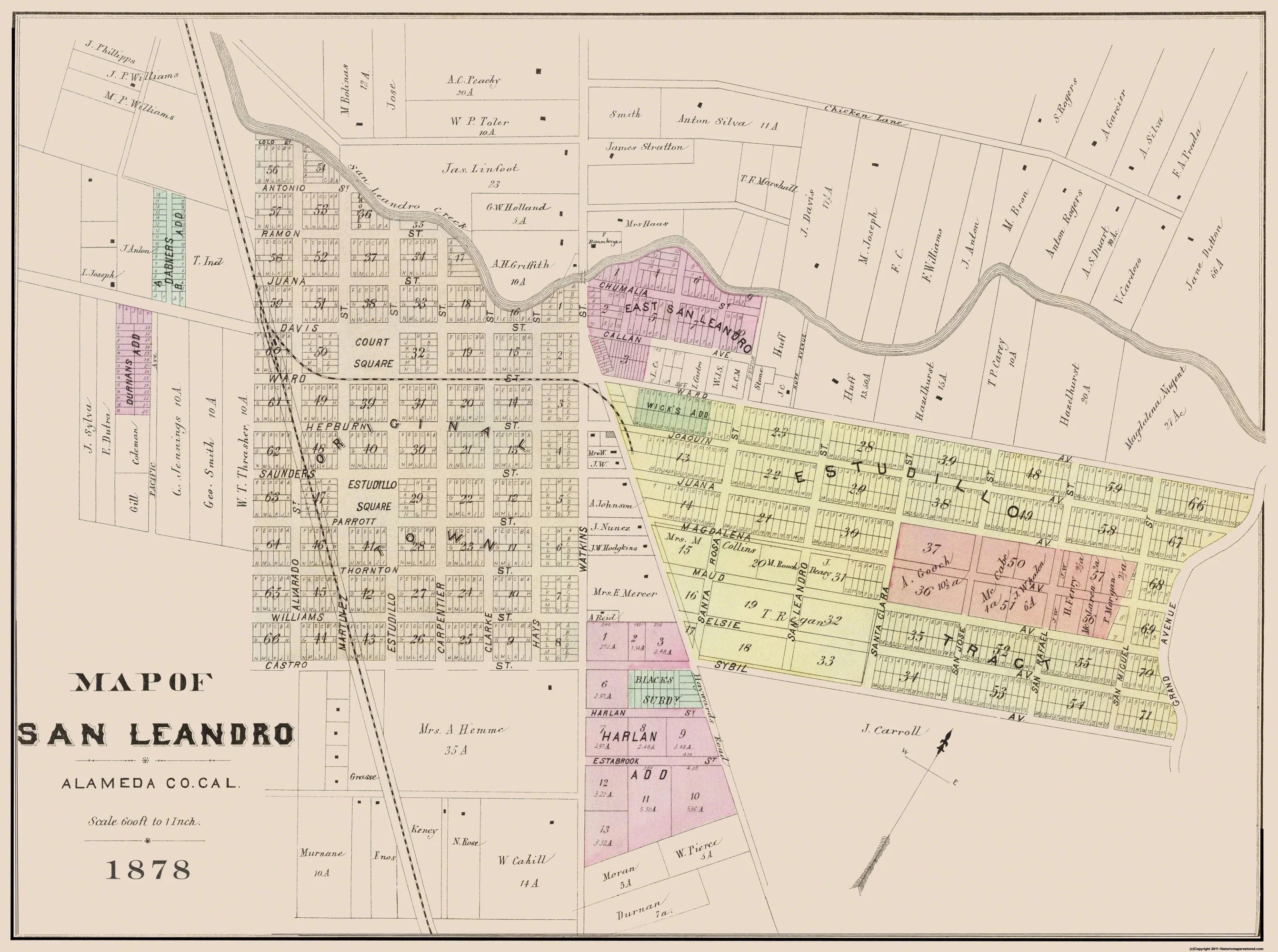 Historic City Map San Leandro California Plan Thompson 1878 Vint CASA0047A 