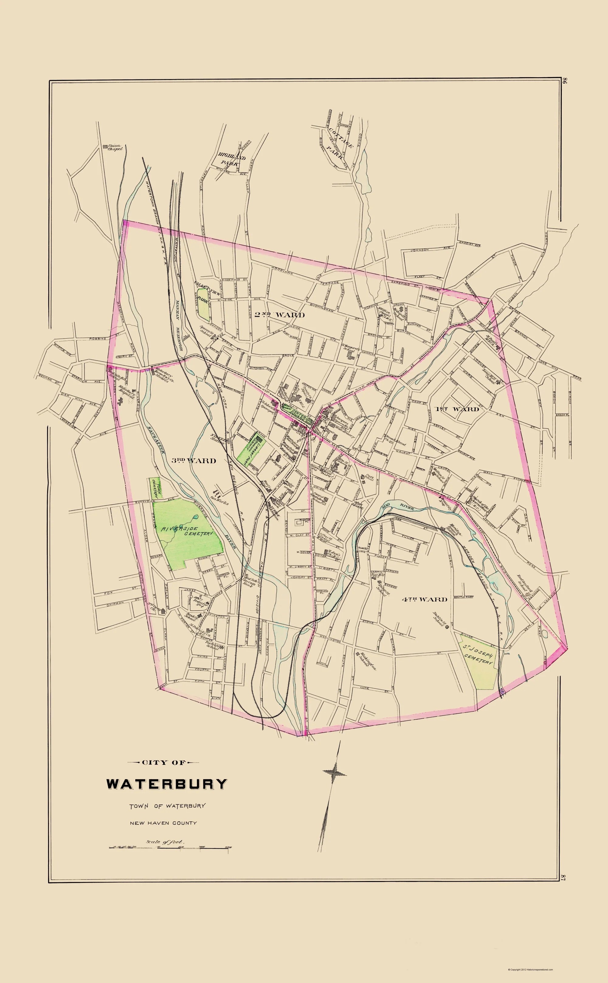 Historic City Map Waterbury Connecticut Hurd 1893 23 X 37 16 V CTWA0002A 