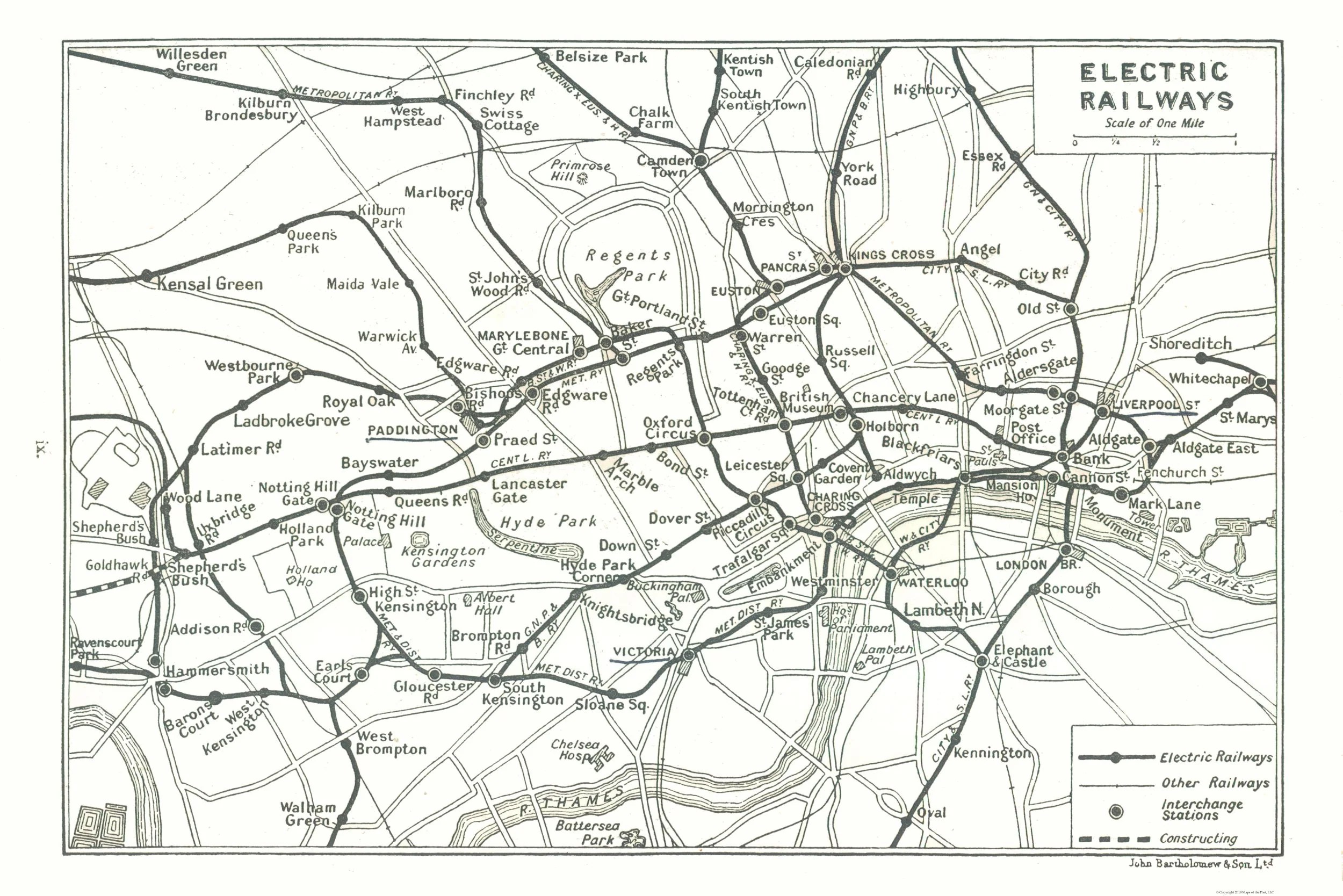 Historic Map London Electric Railways Bartholomew 1921 Vintage W ITLO0045 