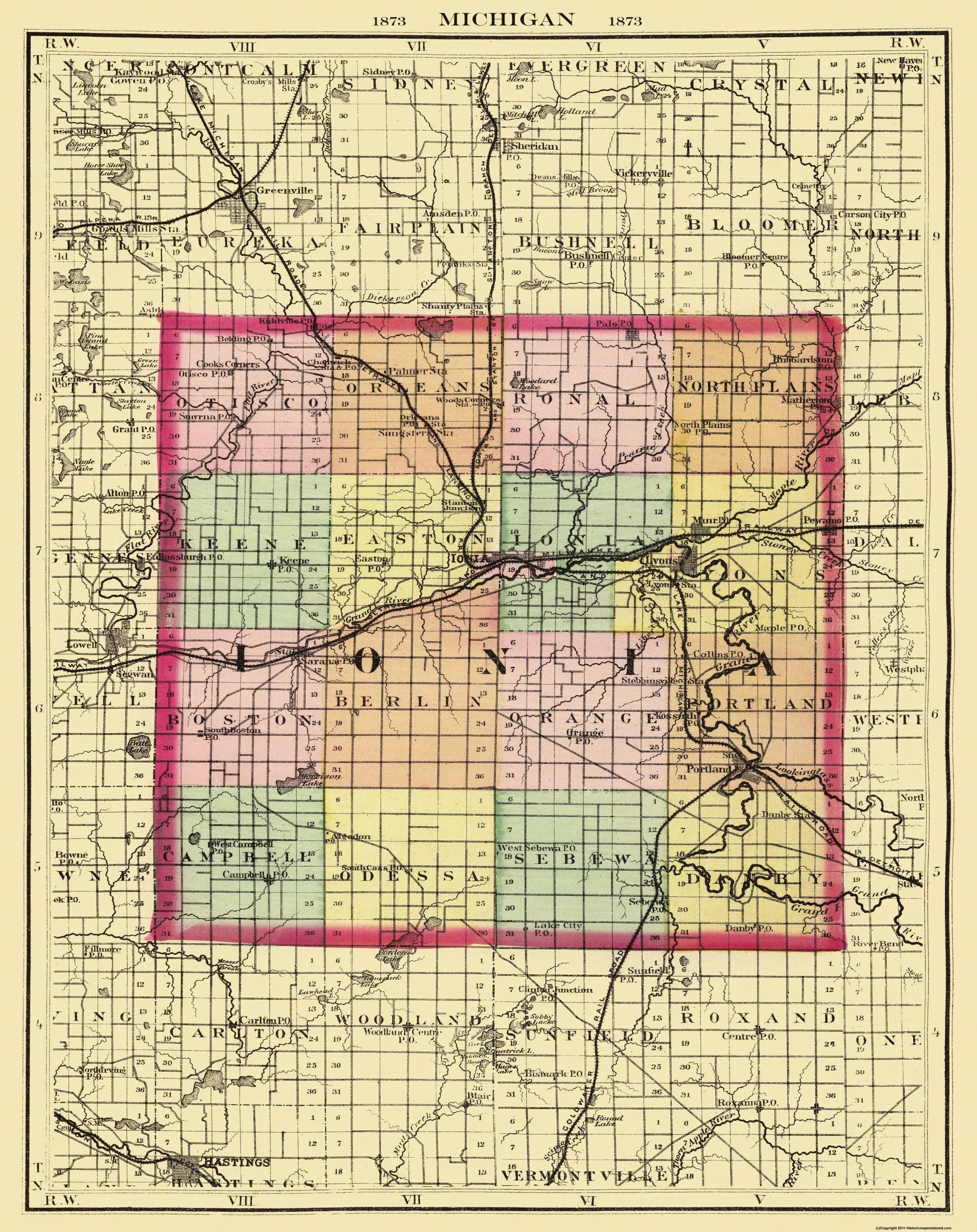 Historic County Map Ionia County Michigan Walling 1873 23 X 31 8 MIIO0002A 