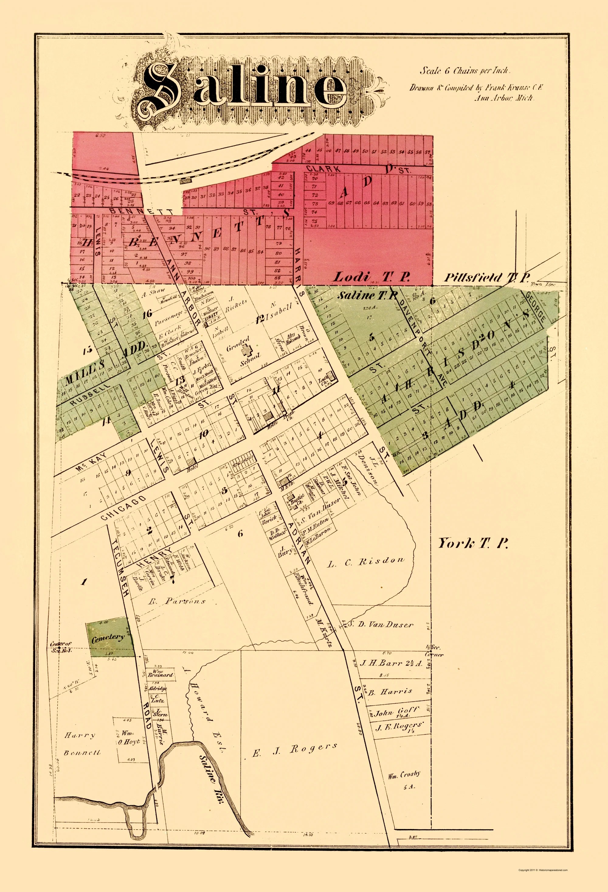 Historic City Map Saline Michigan Krause 1874 23 X 33 71 Vinta MISA0003A 