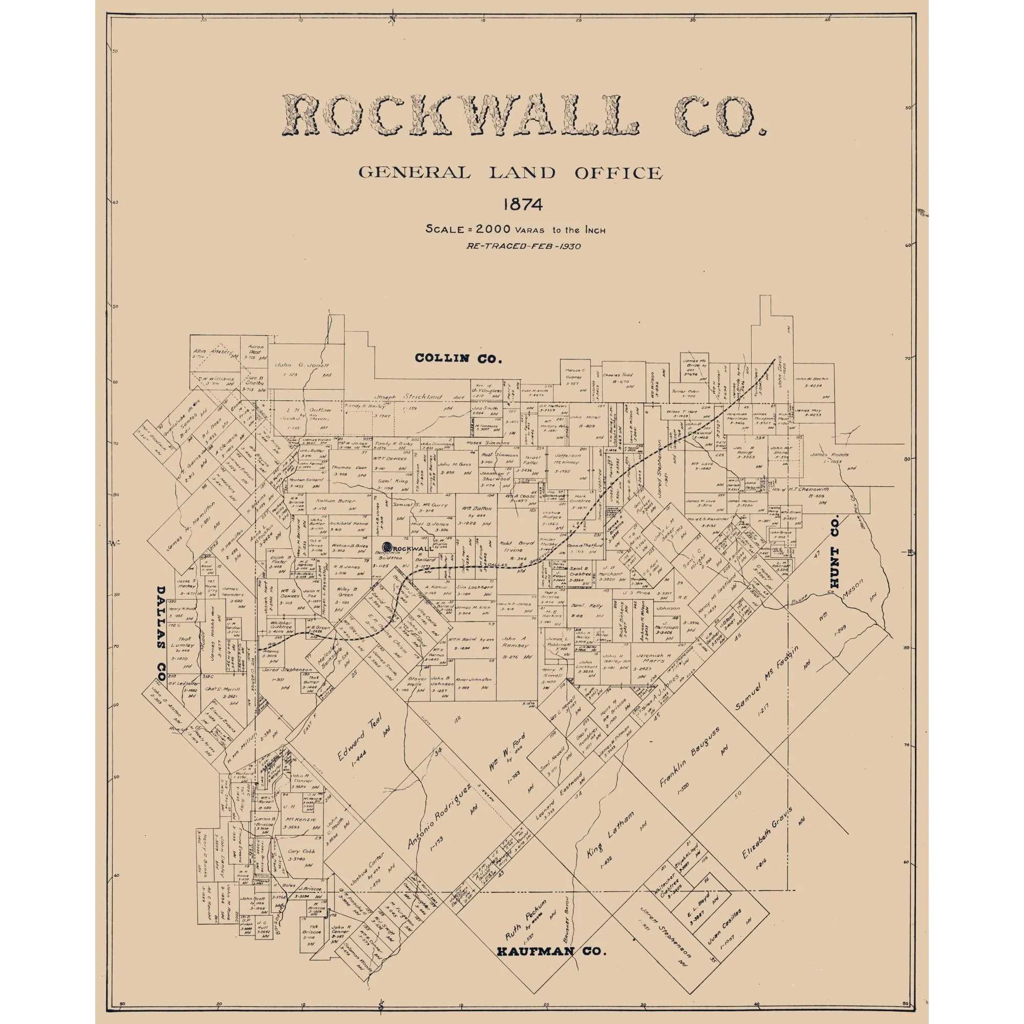 Historic County Map Rockwall County Texas 1874 23 X 28 26 Vint TXRO0008 