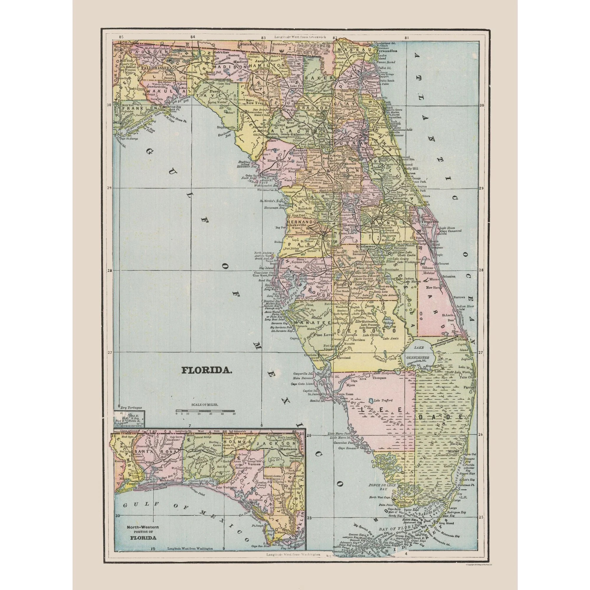 Historic State Map Florida Cram 1892 23 X 30 48 Vintage Wall A USFL0005 