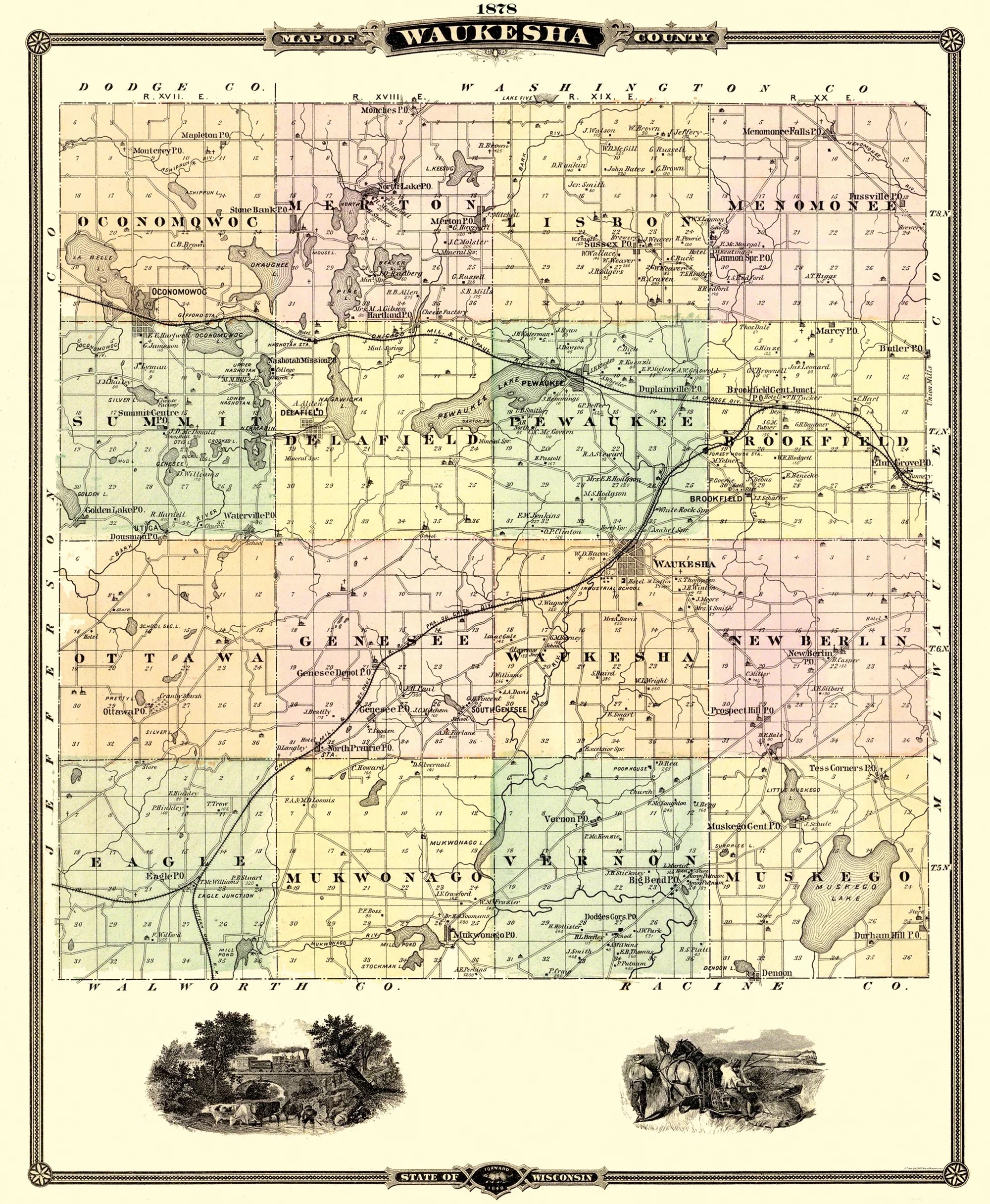 Historic County Map Waukesha County Wisconsin Snyder 1878 23 X 2 WIWA0003A 