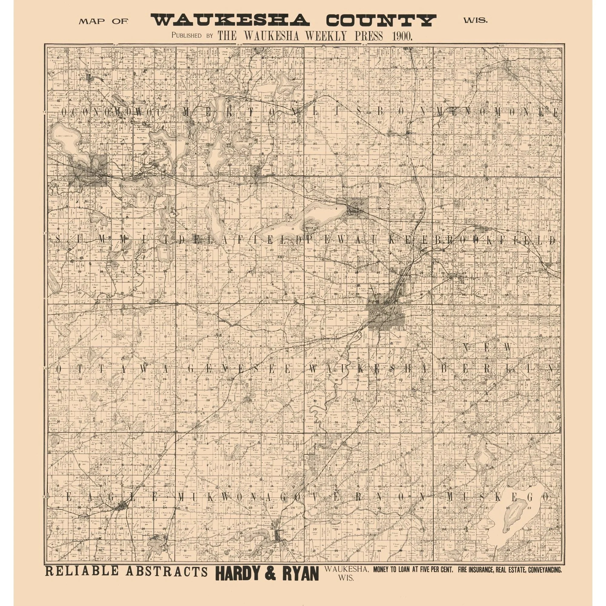 Historic County Map Waukesha County Wisconsin Hardy 1900 23 X 24 WIWA0013 