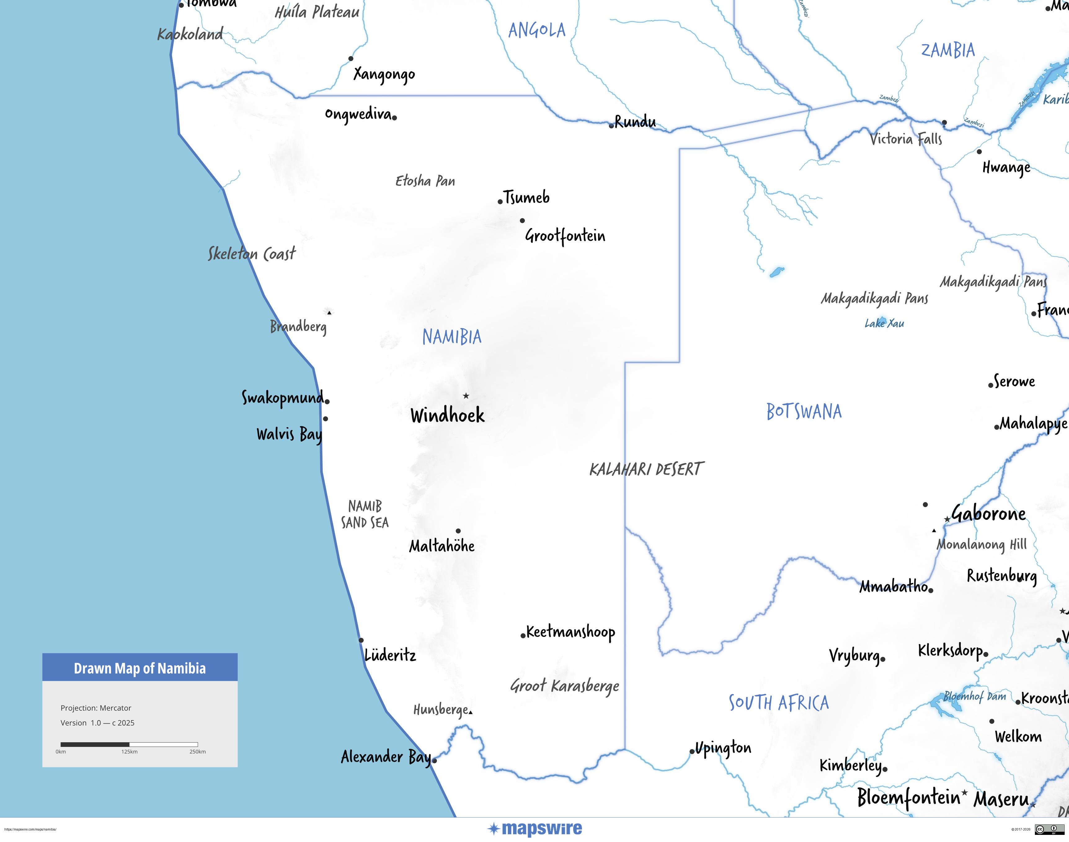 Free Maps Of Namibia Mapswire Na Drawn Map Namibia Mercator V1 