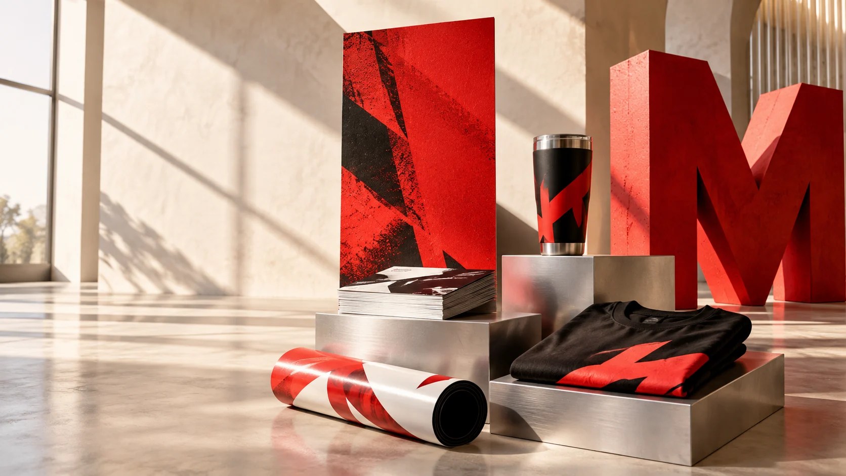 Illustrative coordinated display of print, vinyl and branded merchandise