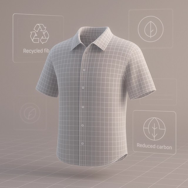 Une représentation virtuelle d'une chemise à manches courtes avec des lignes de grille, mettant en évidence des caractéristiques telles que les fibres recyclées et réduit l'impact du carbone.