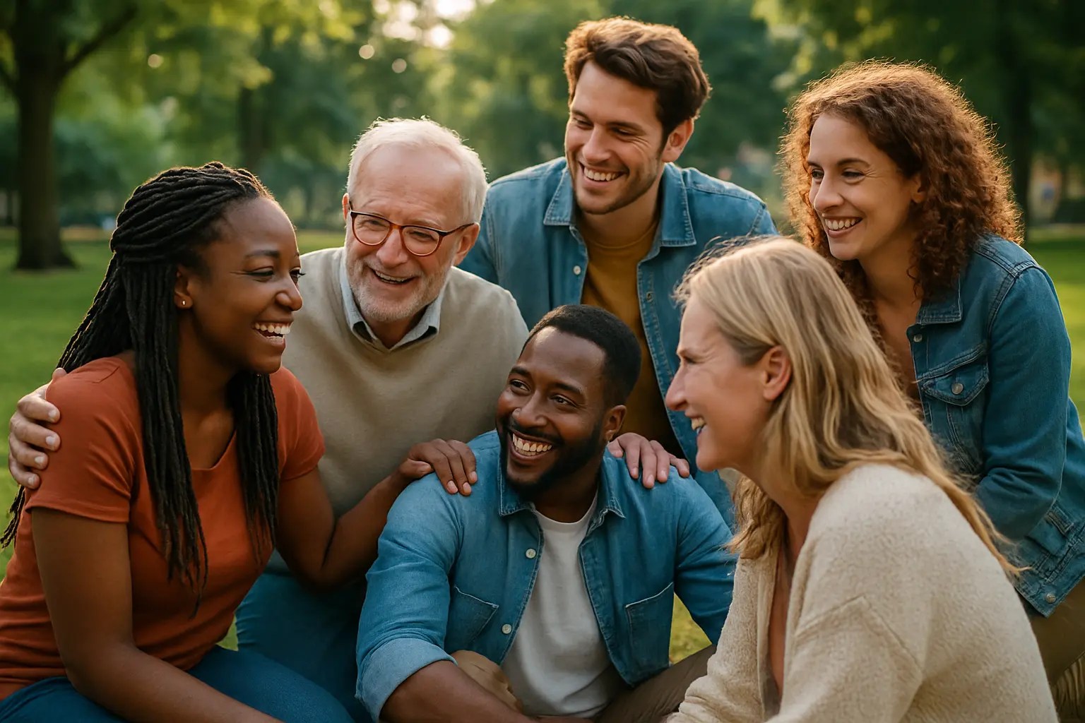 Grupo de personas diversas interactuando y apoyándose en un parque, simbolizando el poder de la comunidad para la salud mental.