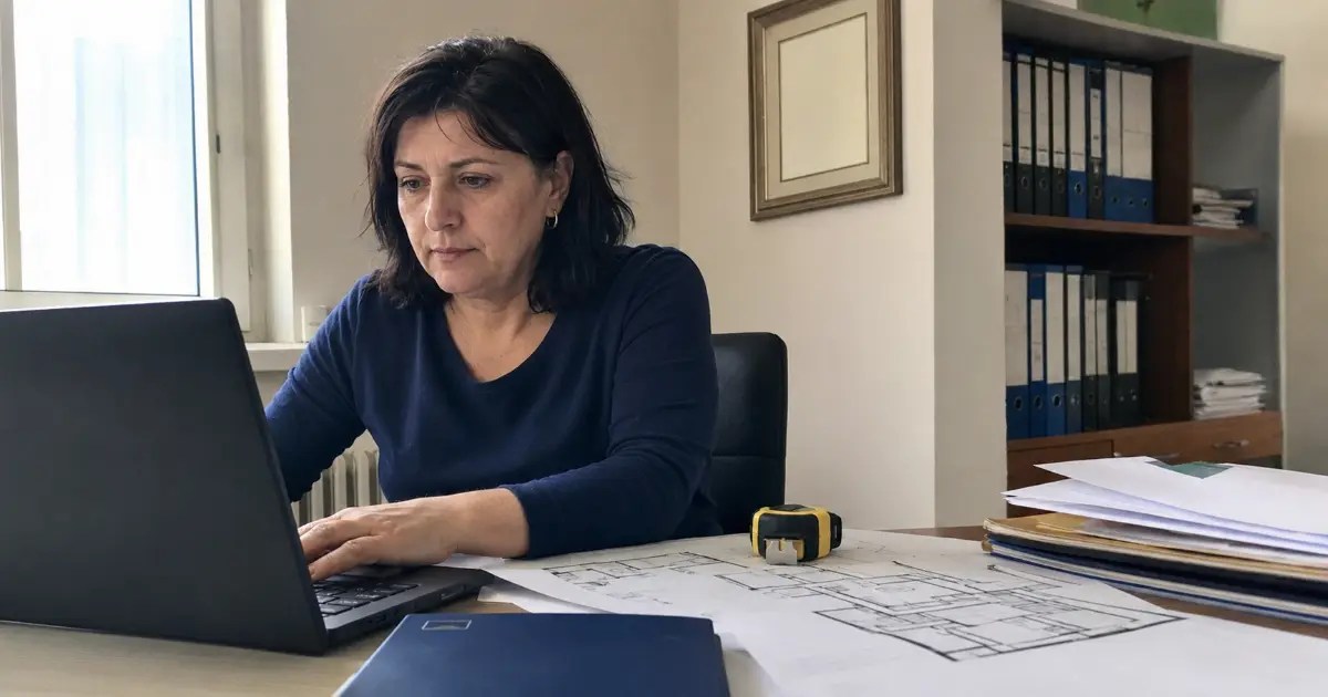 Evaluator imobiliar la birou, cu planuri și documente de proprietate alături — SEO local pentru evaluatori, de Marcel Felix