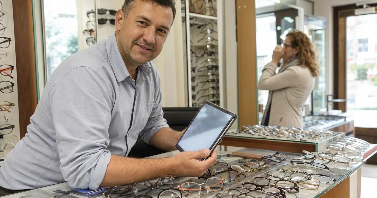 Optician în magazinul de optică, lângă rafturile cu ochelari, cu o clientă în fundal — SEO local pentru opticieni, de Marcel Felix