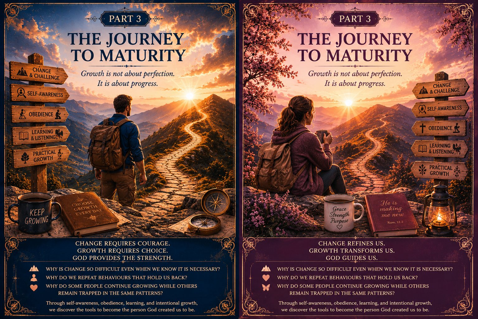 Comparison image showing male and female versions of Part 3: The Journey to Maturity from Little Me & Little You. Two travelers stand overlooking a winding mountain path leading toward the sunrise. Signposts highlight change, challenge, self-awareness, obedience, learning, listening, and practical growth, symbolizing Christian maturity, personal development, and spiritual transformation.