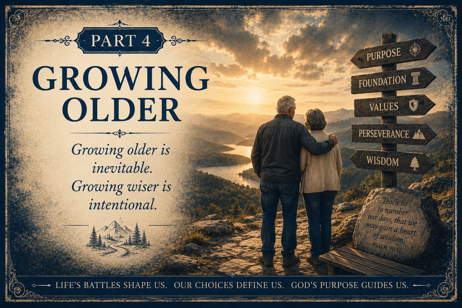 Chapter cover titled Part 4: Growing Older. An older couple stands together overlooking a mountain valley at sunset. Nearby signposts point toward purpose, foundation, values, perseverance, and wisdom, symbolizing Christian maturity, lifelong growth, and aging with faith and purpose.