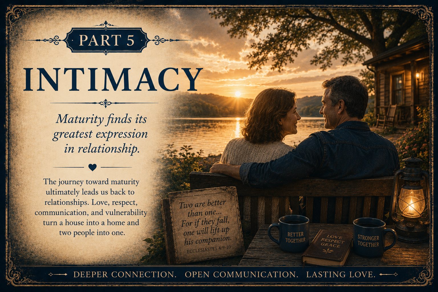 Chapter cover titled Part 5: Intimacy. A mature couple sits together on a bench beside a lake at sunset, enjoying a peaceful moment of connection. Nearby are mugs labeled “Better Together” and “Stronger Together,” a book titled Love, Respect, Grace, and a scripture from Ecclesiastes, symbolizing Christian marriage, intimacy, love, communication, and lasting relationships.