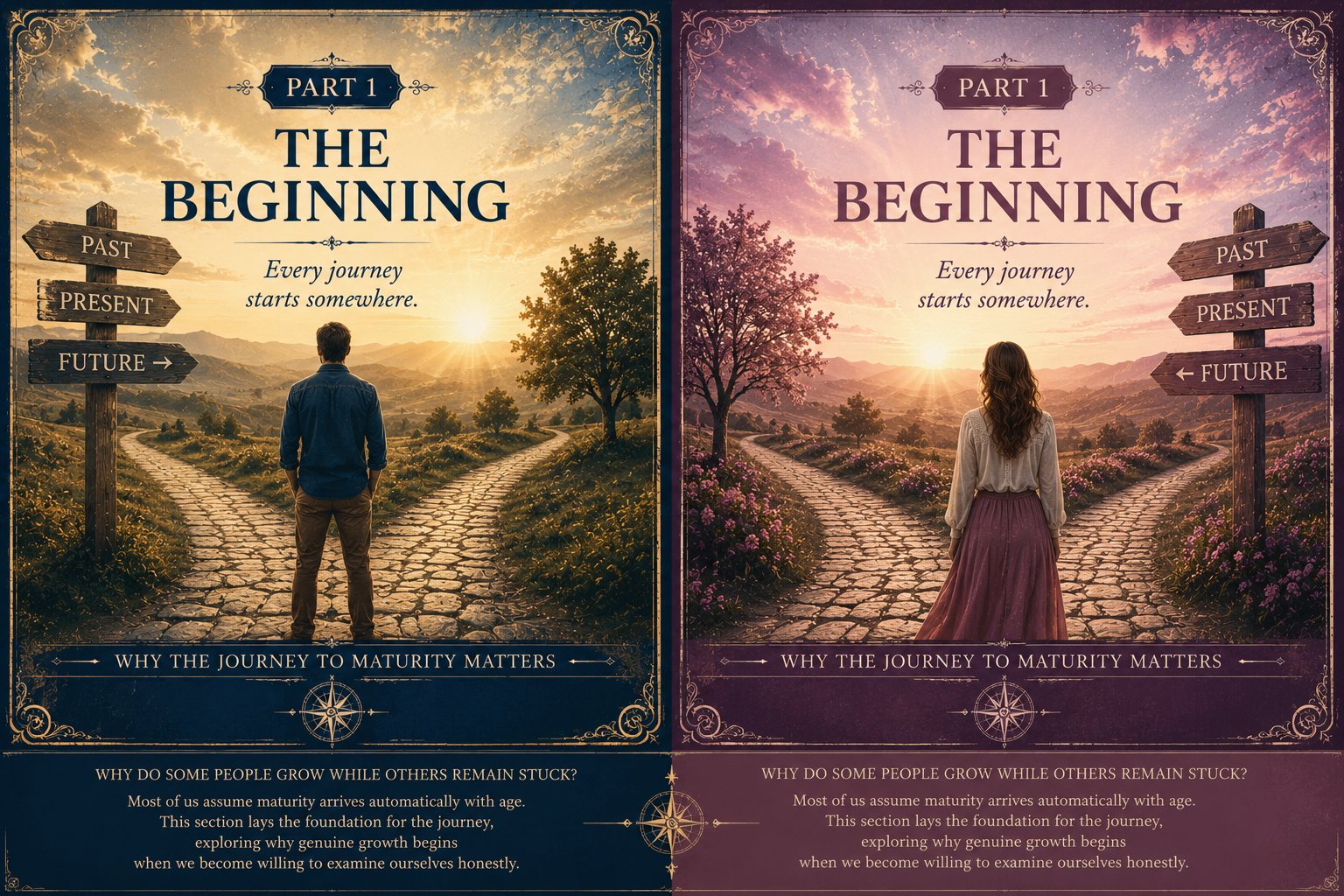 Comparison image showing two versions of Part 1: The Beginning from Little Me & Little You. One version features a man standing at a crossroads, while the other features a woman at a similar crossroads. Signposts point to the past, present, and future, symbolizing life choices, self-awareness, personal growth, and the journey toward Christian maturity.