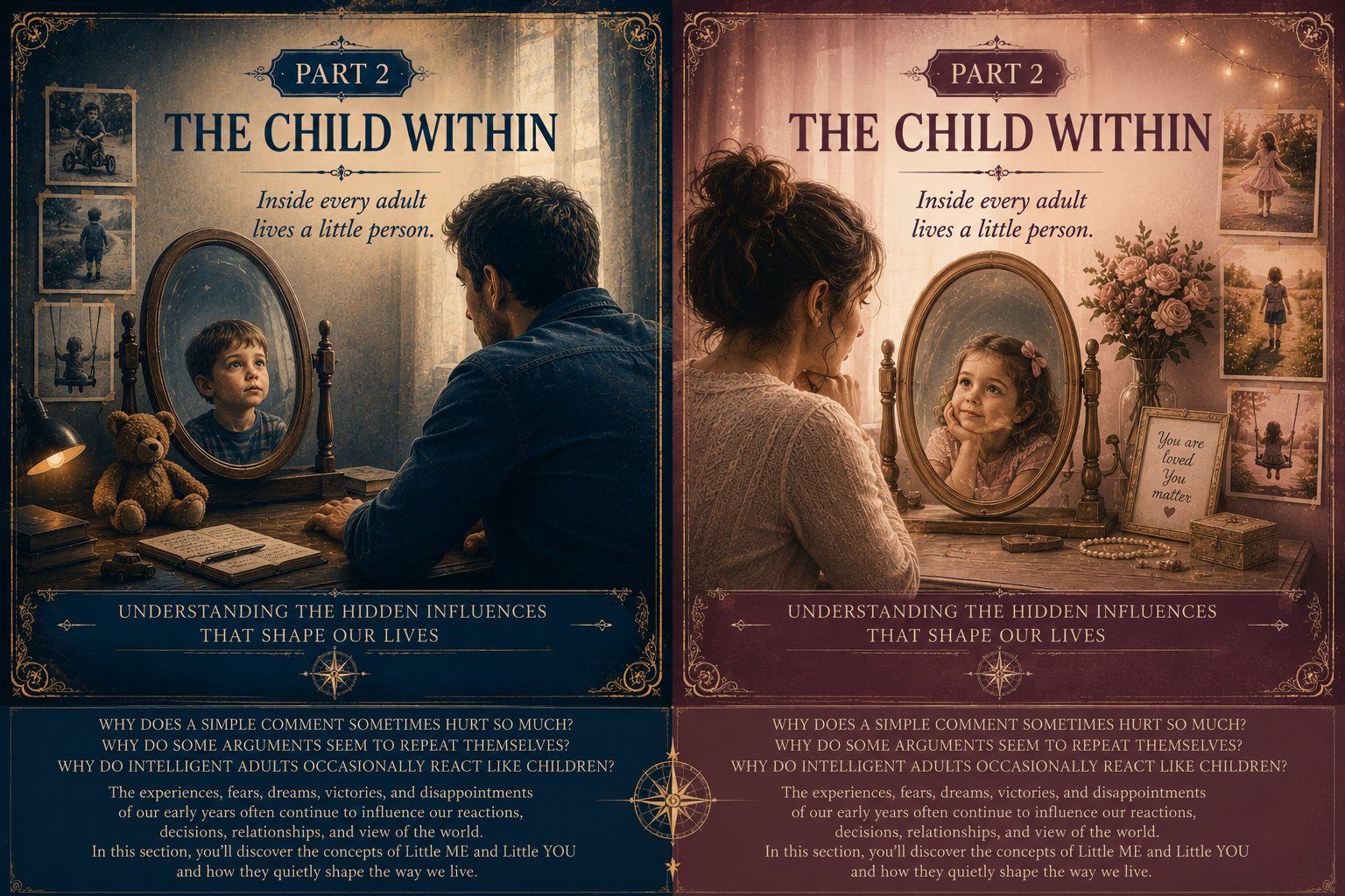 Comparison image showing male and female versions of Part 2: The Child Within from Little Me & Little You. An adult looks into a mirror and sees their younger self reflected back. Childhood photographs, keepsakes, toys, and personal mementos surround each scene, symbolizing the inner child, emotional development, self-awareness, and the lasting influence of childhood experiences.