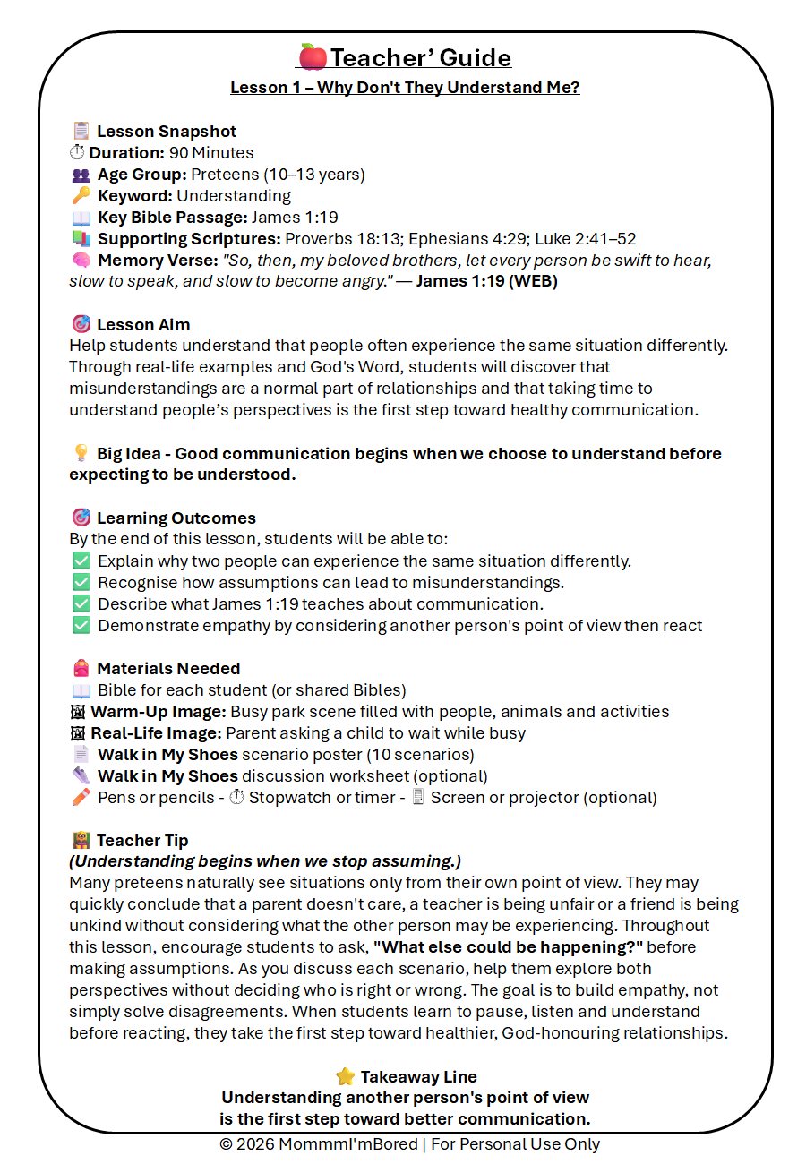 Teacher Guide for Lesson 1, Why Don't They Understand Me?, providing lesson objectives, Bible passages, learning outcomes, materials and teaching tips for preteen communication.