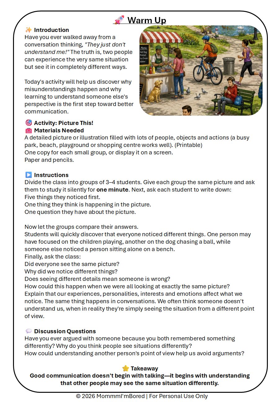 Warm-Up activity for Lesson 1, Why Don't They Understand Me?, where preteens observe a busy park scene to discover how different people notice different things and develop empathy.
