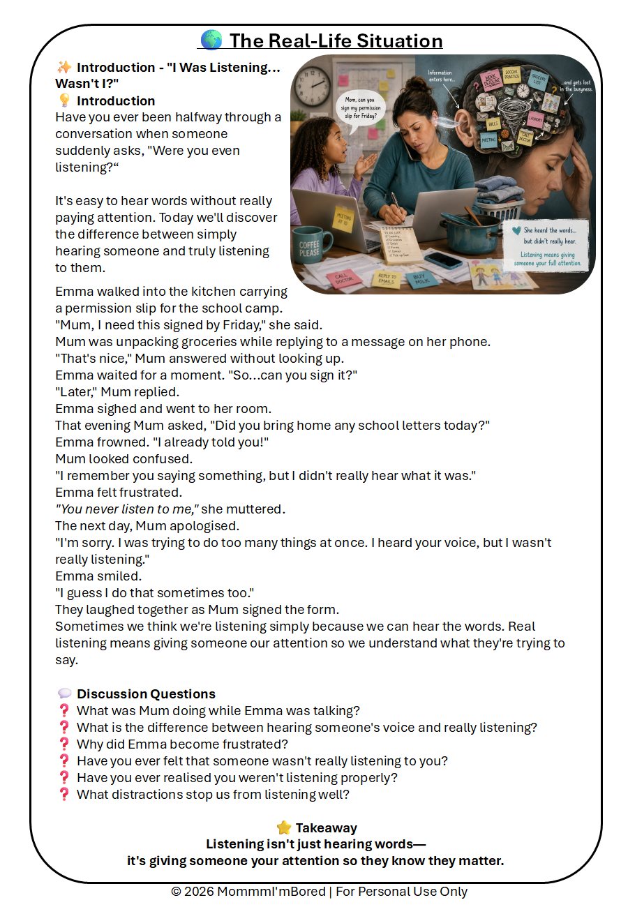 Real-Life Situation page for Lesson 2, Can You Hear Me?, illustrating the difference between hearing and truly listening through a relatable family conversation.