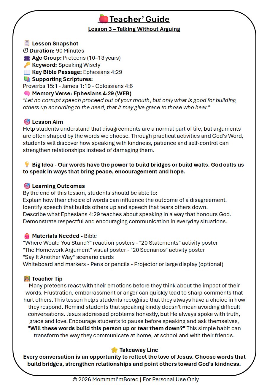 Teacher Guide for Lesson 3, Talking Without Arguing, providing lesson objectives, Bible passages, learning outcomes, materials and teaching tips for helping preteens communicate with kindness and wisdom.