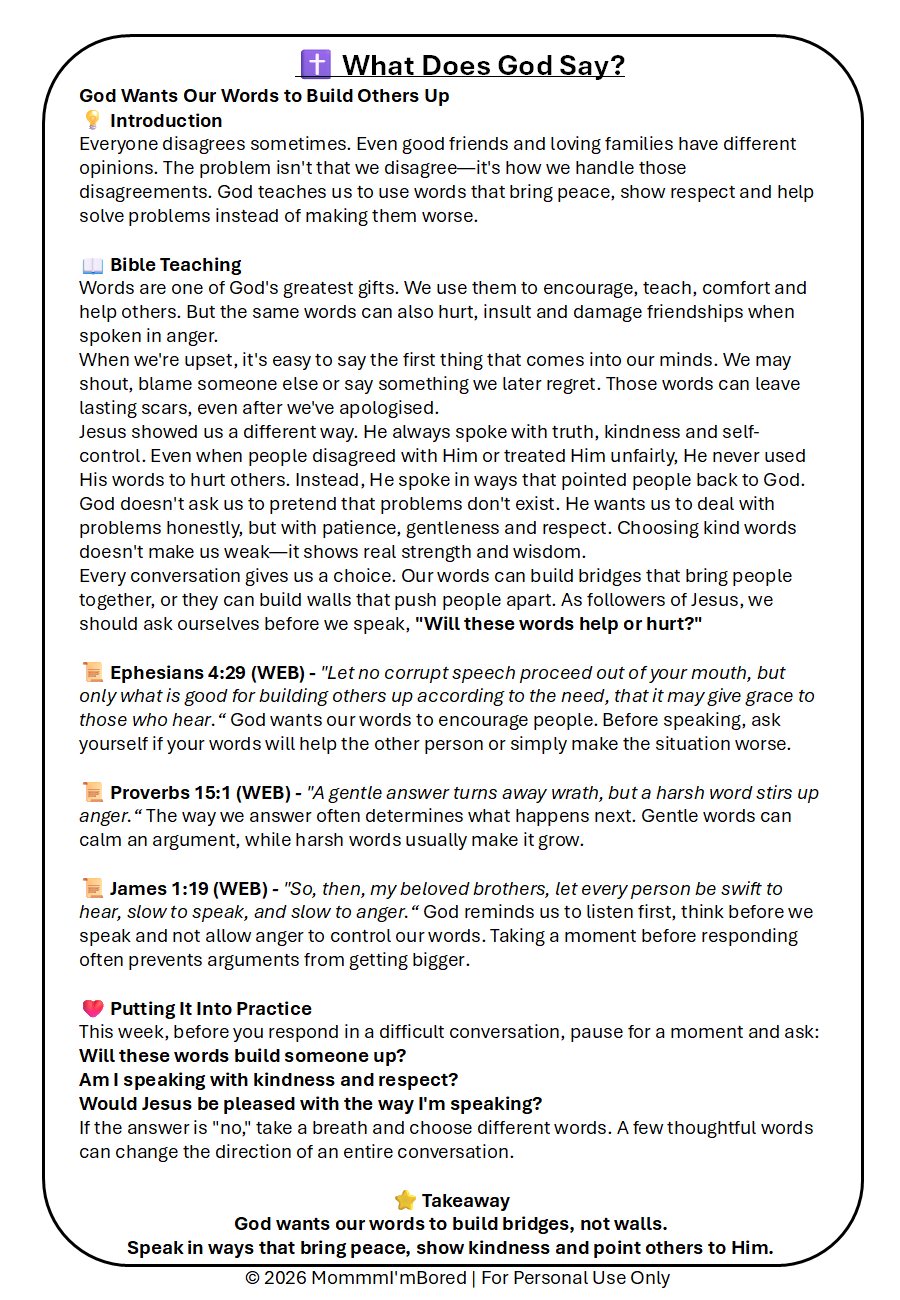 Bible teaching page for Lesson 3, Talking Without Arguing, explaining how God calls preteens to use kind, encouraging words that build others up instead of tearing them down.