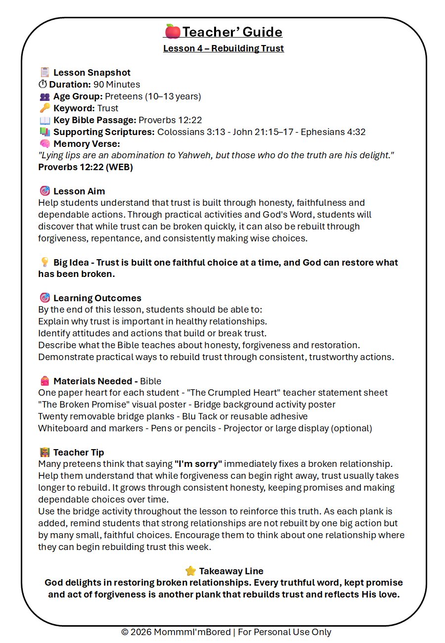 Teacher Guide for Lesson 4, Rebuilding Trust, providing lesson objectives, Bible passages, learning outcomes, materials and teaching tips for helping preteens rebuild trust through biblical principles.
