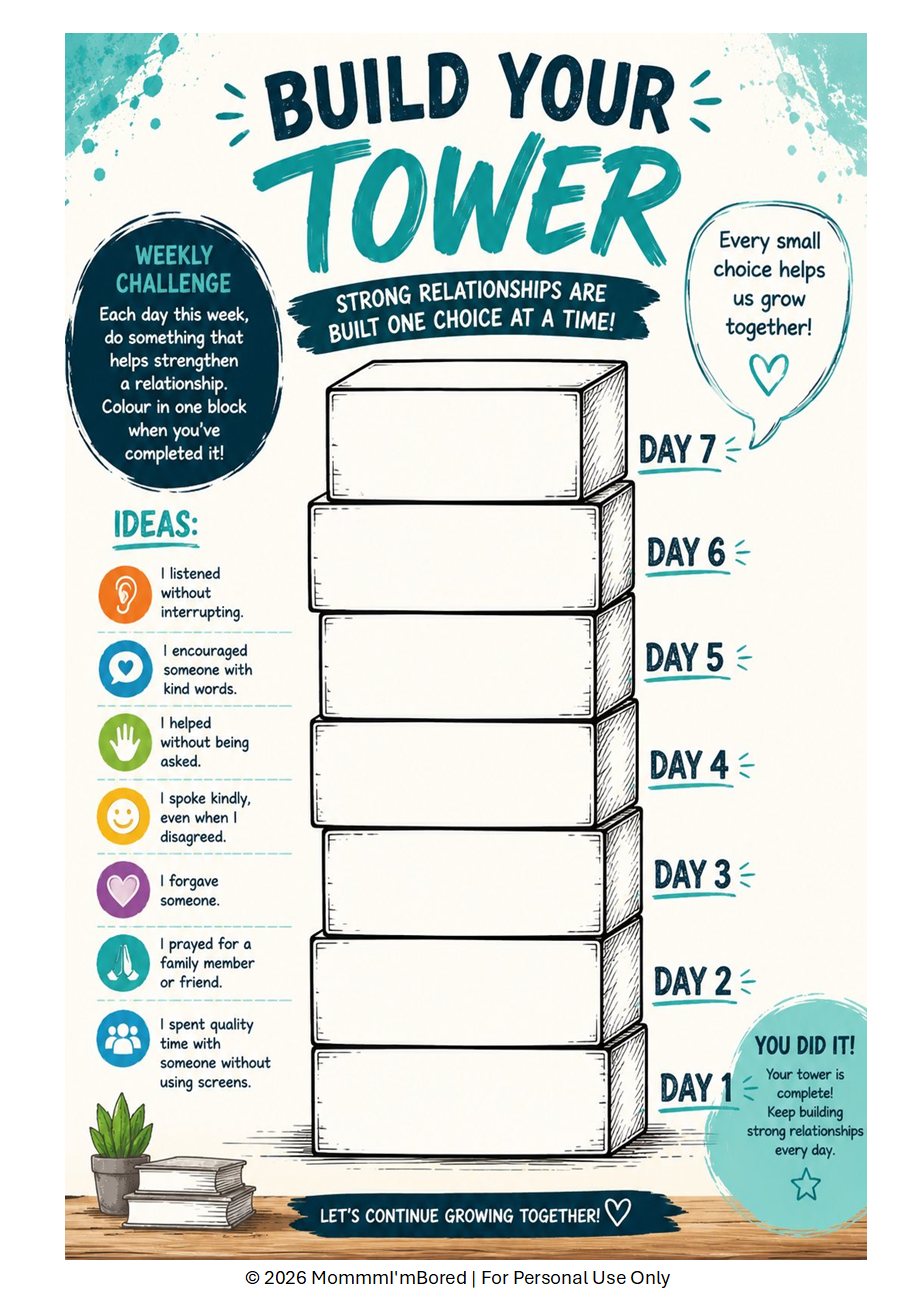 Printable Build Your Tower weekly challenge for Lesson 5, encouraging preteens to strengthen relationships through seven daily acts of kindness, teamwork and biblical character.