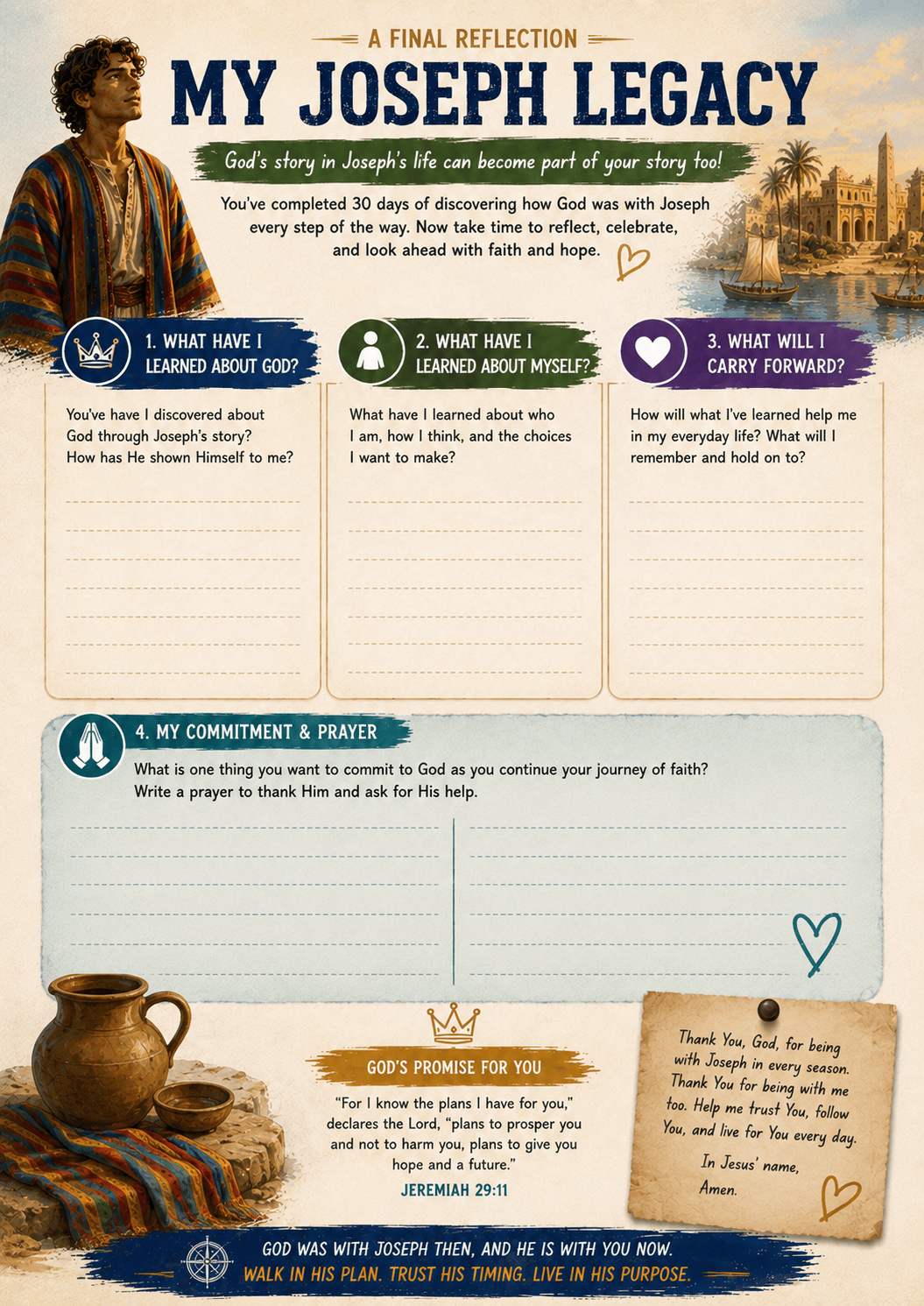 My Joseph Legacy final reflection page from the 30 Days with Joseph Christian devotional for preteens, with faith reflection questions, commitment and prayer space, Jeremiah 29:11, and a message about trusting God’s plan.