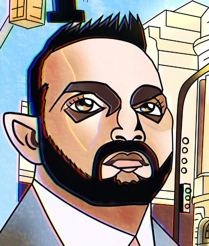  Kash Patel MG SHOW interview detail of face caricature