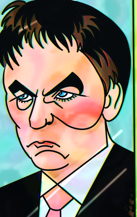 Detail Dominic Leblanc in Lake America — Donald Trump presents the executive order as Mark Carney and Dominic LeBlanc react in Maria Grasmick’s original political cartoon.