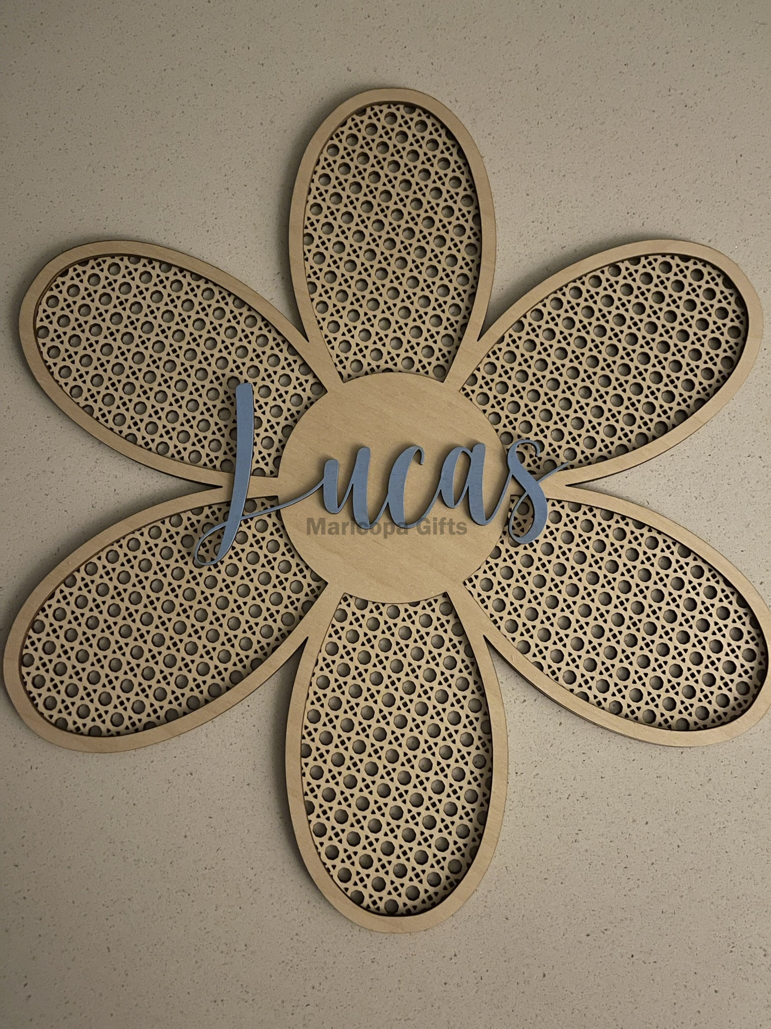 Custom daisy / boho / rattan wall decor.