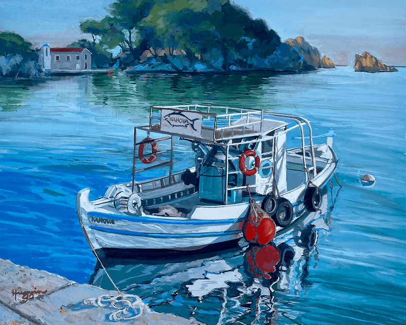 Greek Boat, Gouache, 11” x 14”